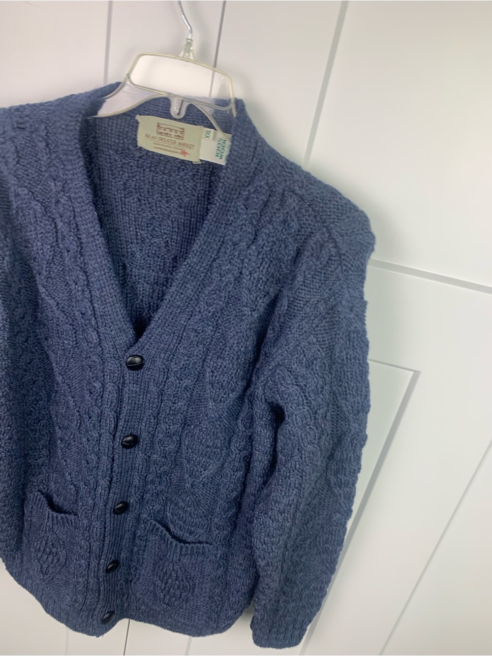 Aran Crafts Irish Wool Sweater Cardigan Mens XXL Blue Gray Cable Knit Leather - Picture 4 of 7